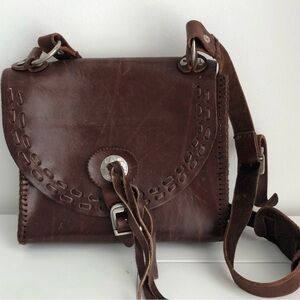 VINTAGE WHIP STITCHED THICK LEATHER PURSE SADDLE BROWN SADDLE BAG STYLE